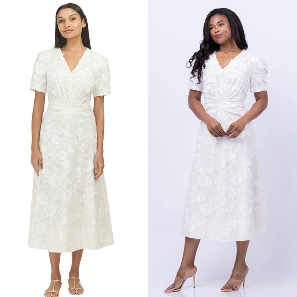 TANYA TAYLOR DORIS CREAM WHITE FLORAL FRINGE EMBROIDERED SHORT SLEEVE MIDI DRESS - Picture 1 of 15